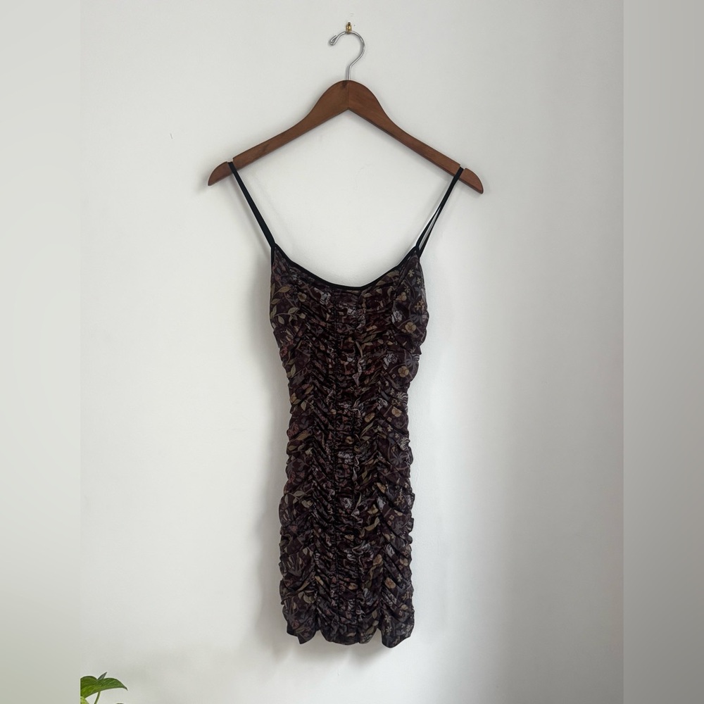 Urban Outfitters Black and Brown Ruched Spaghetti-Strap Mini Dress